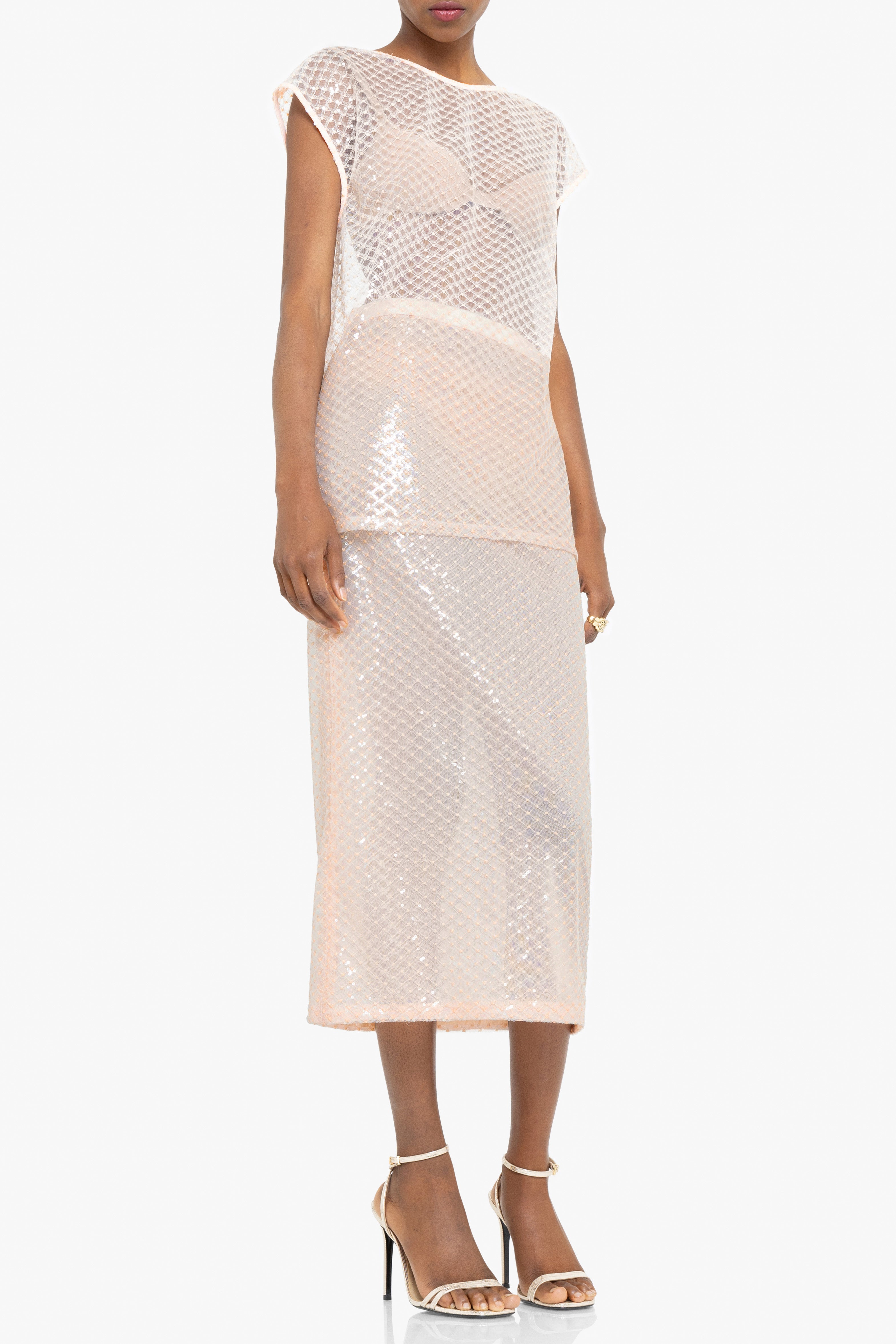 Etherea Two-Piece Midi Set — Shimmering Mesh with Geometric Sequin Overlay