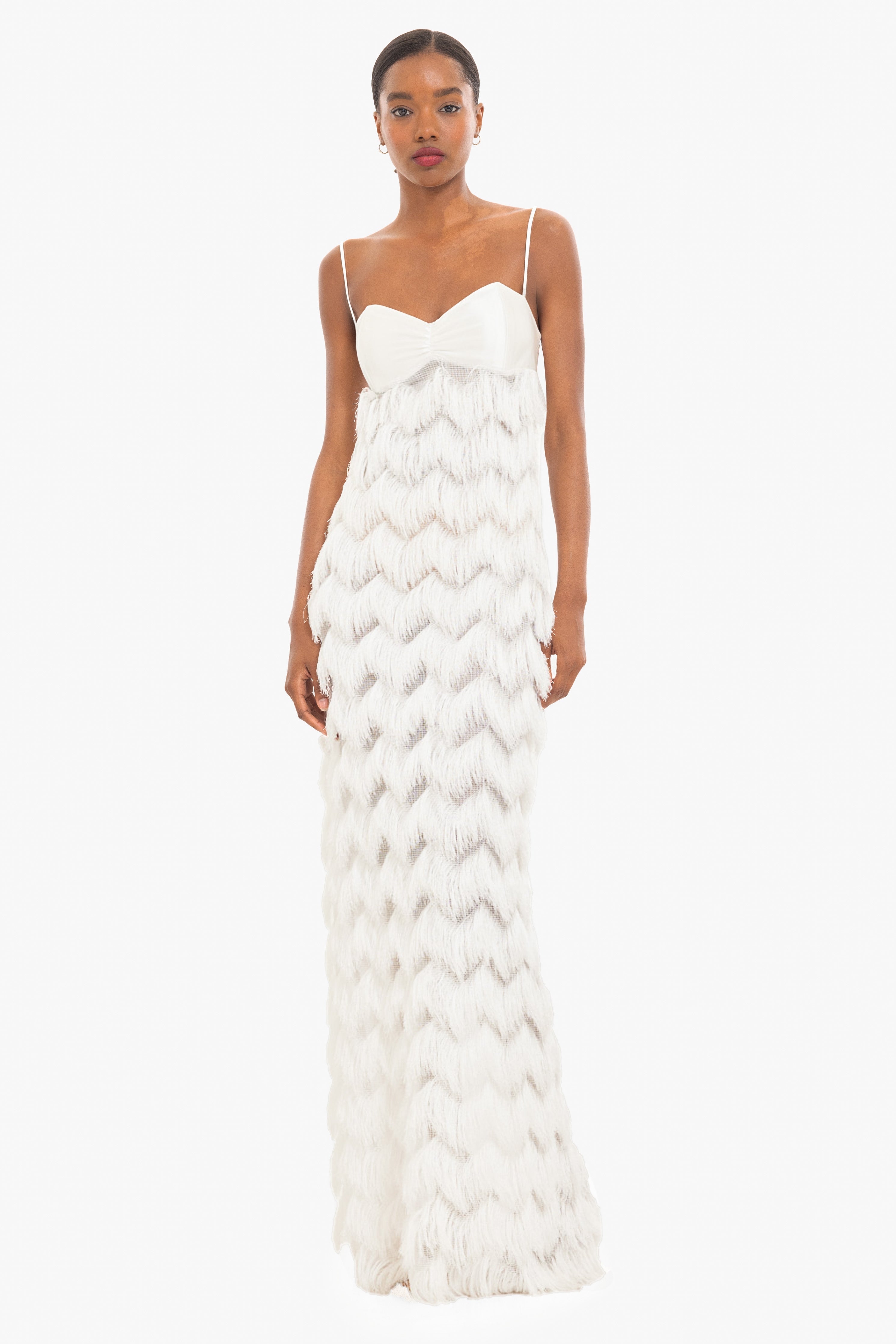 Berri Maxi Dress — Contrast Shiny Knit Bodice with Tiered Chevron Fringe Skirt