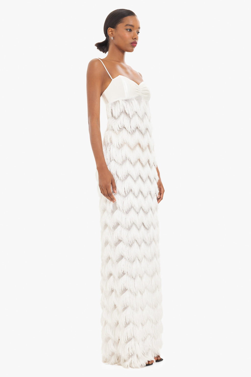 Berri Maxi Dress — Contrast Shiny Knit Bodice with Tiered Chevron Fringe Skirt
