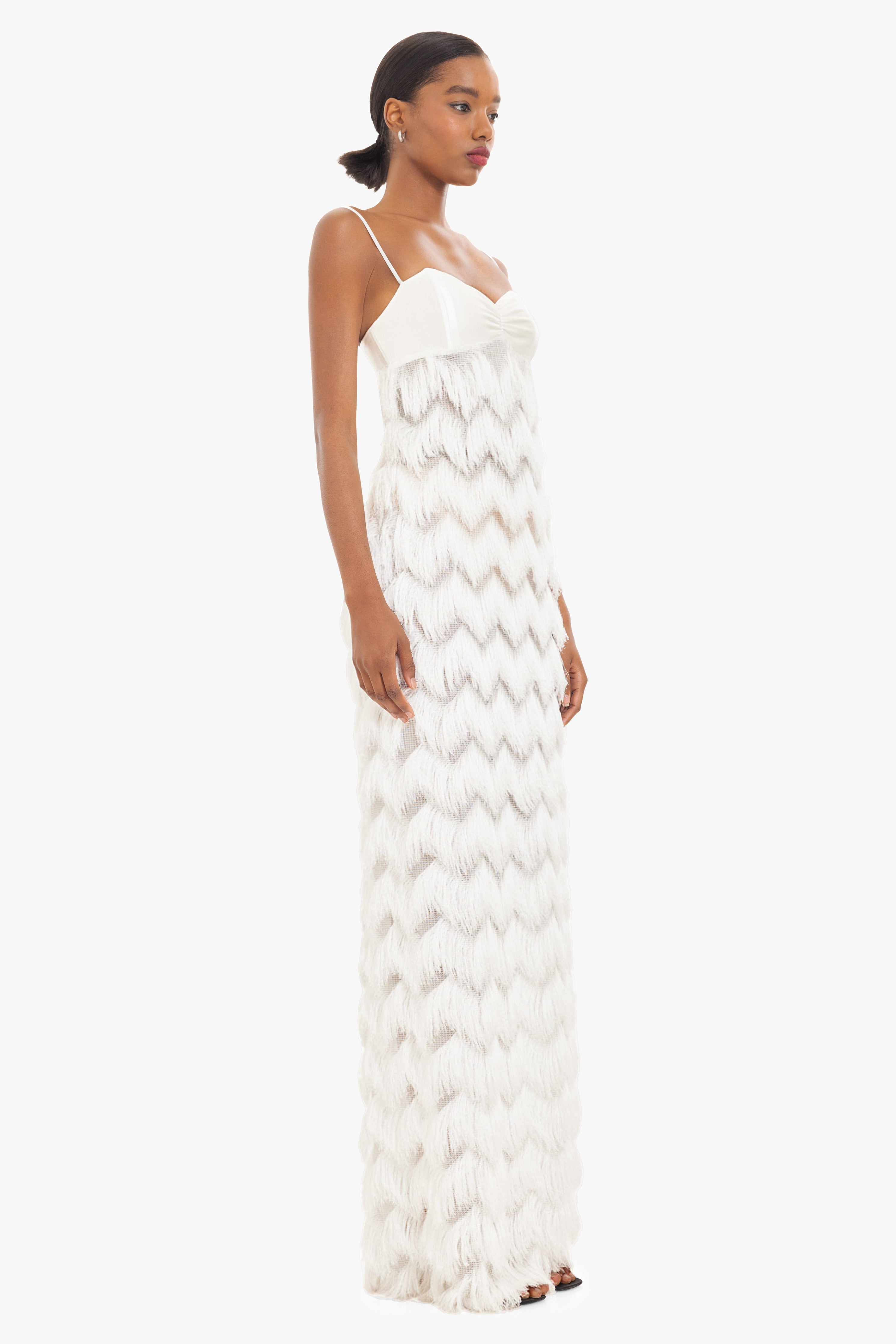 Berri Maxi Dress — Contrast Shiny Knit Bodice with Tiered Chevron Fringe Skirt