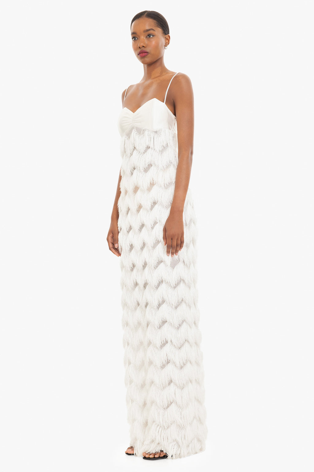 Berri Maxi Dress — Contrast Shiny Knit Bodice with Tiered Chevron Fringe Skirt