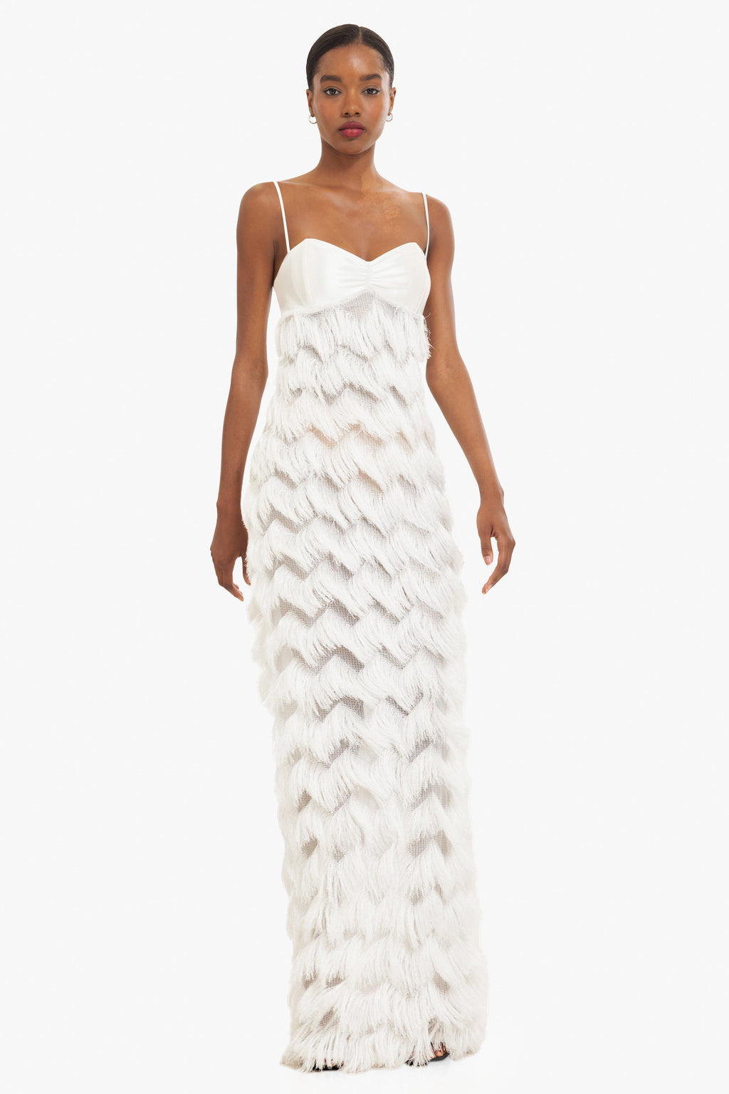 Berri Maxi Dress — Contrast Shiny Knit Bodice with Tiered Chevron Fringe Skirt