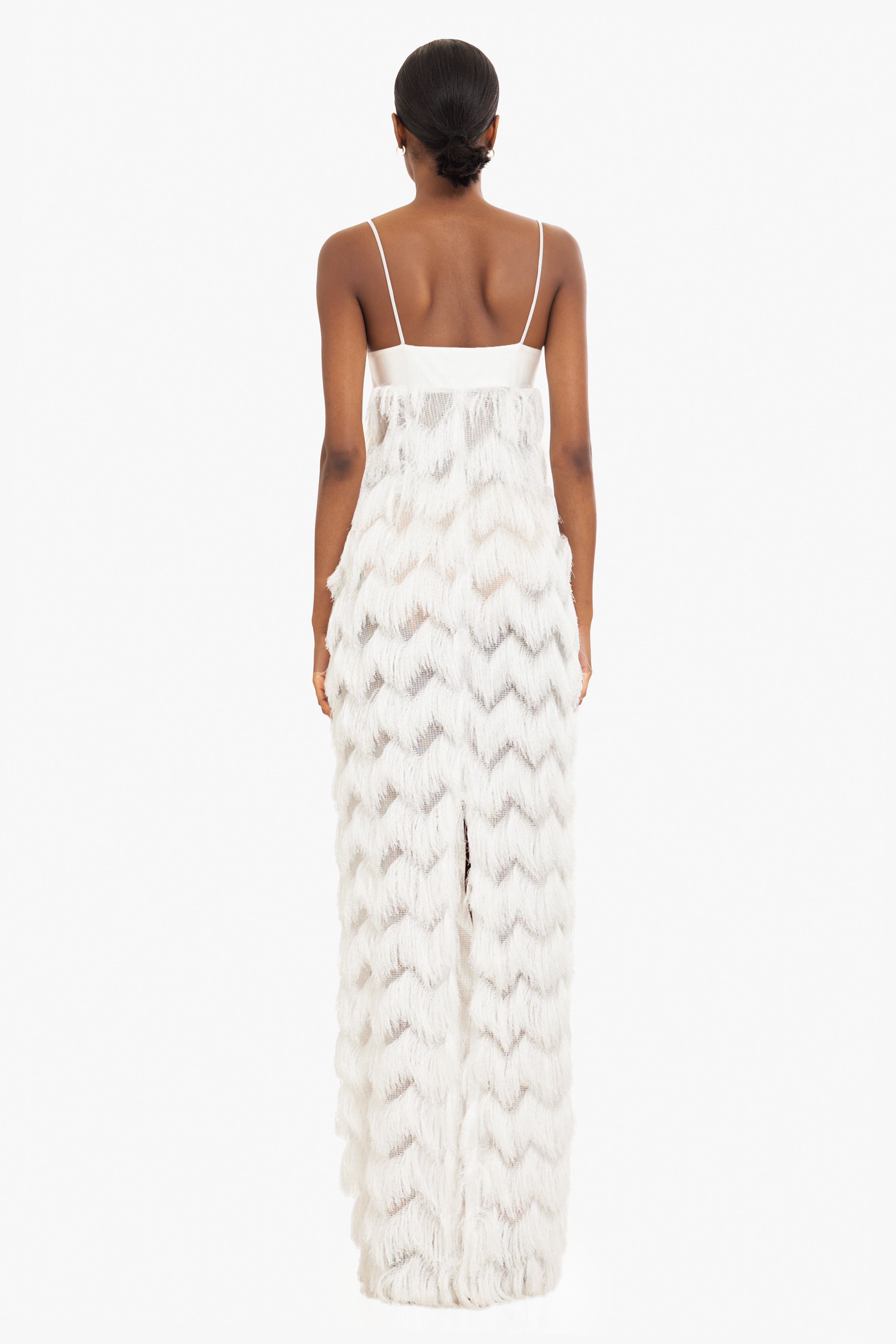 Berri Maxi Dress — Contrast Shiny Knit Bodice with Tiered Chevron Fringe Skirt