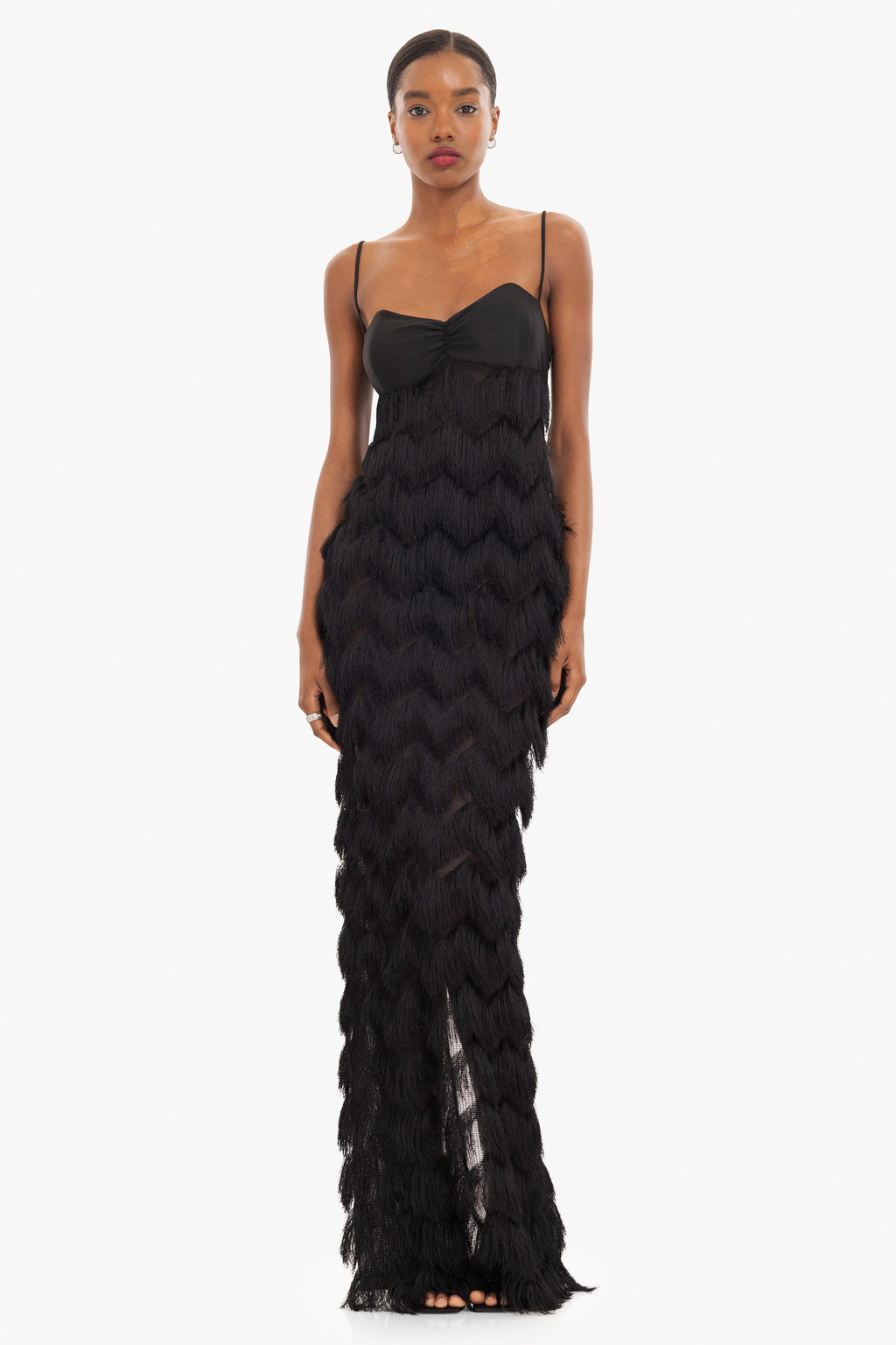 Berri Maxi Dress — Contrast Shiny Knit Bodice with Tiered Chevron Fringe Skirt