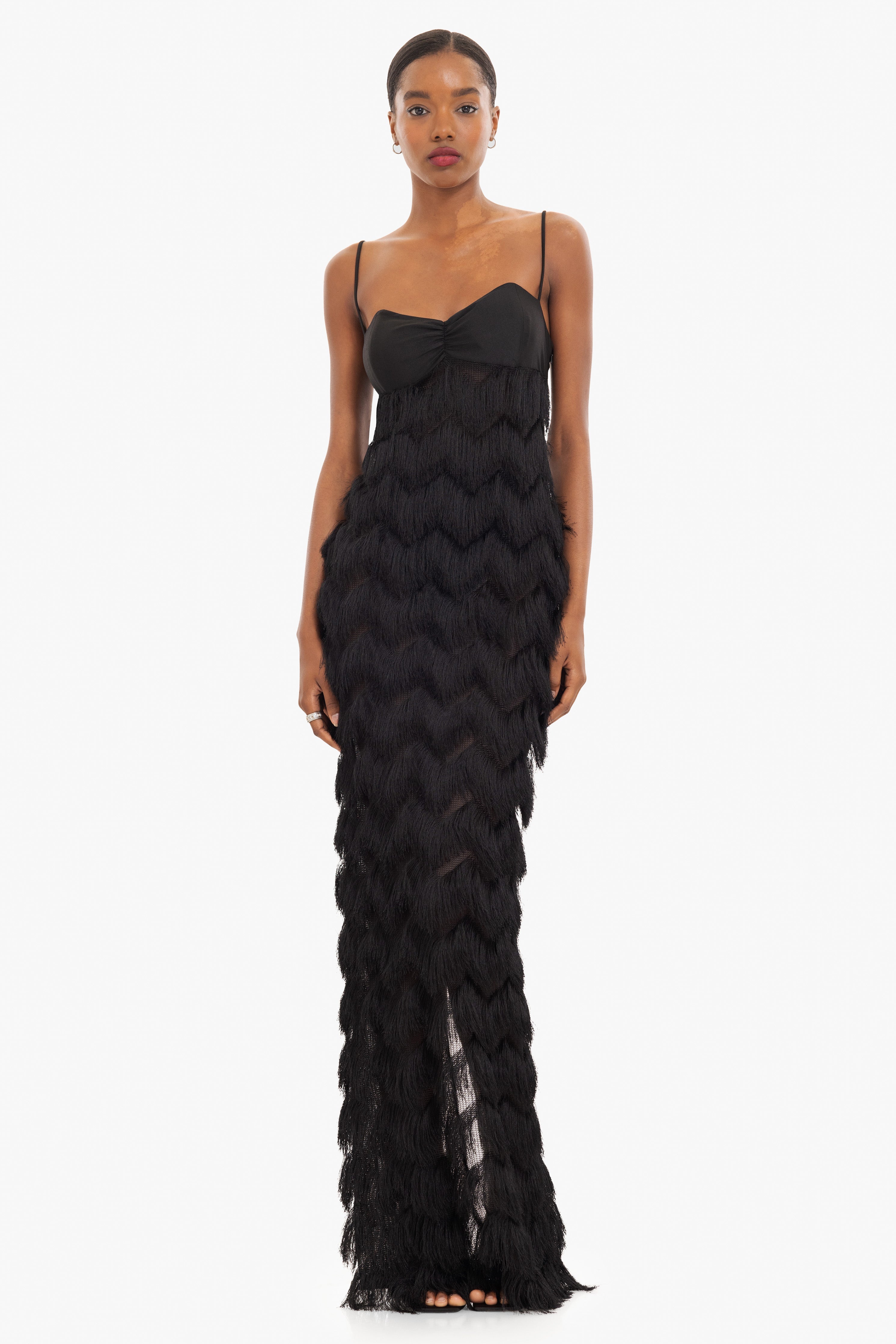 Berri Maxi Dress — Contrast Shiny Knit Bodice with Tiered Chevron Fringe Skirt