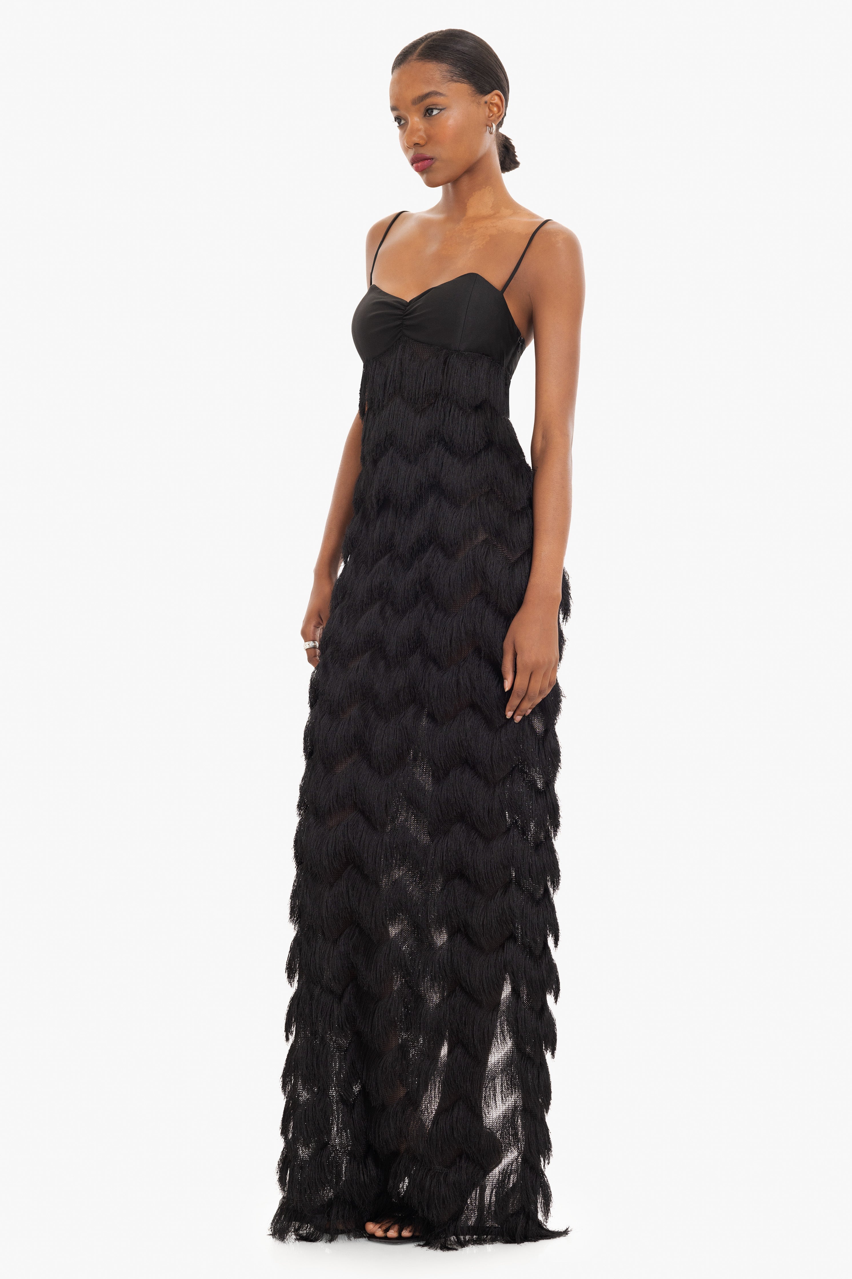 Berri Maxi Dress — Contrast Shiny Knit Bodice with Tiered Chevron Fringe Skirt