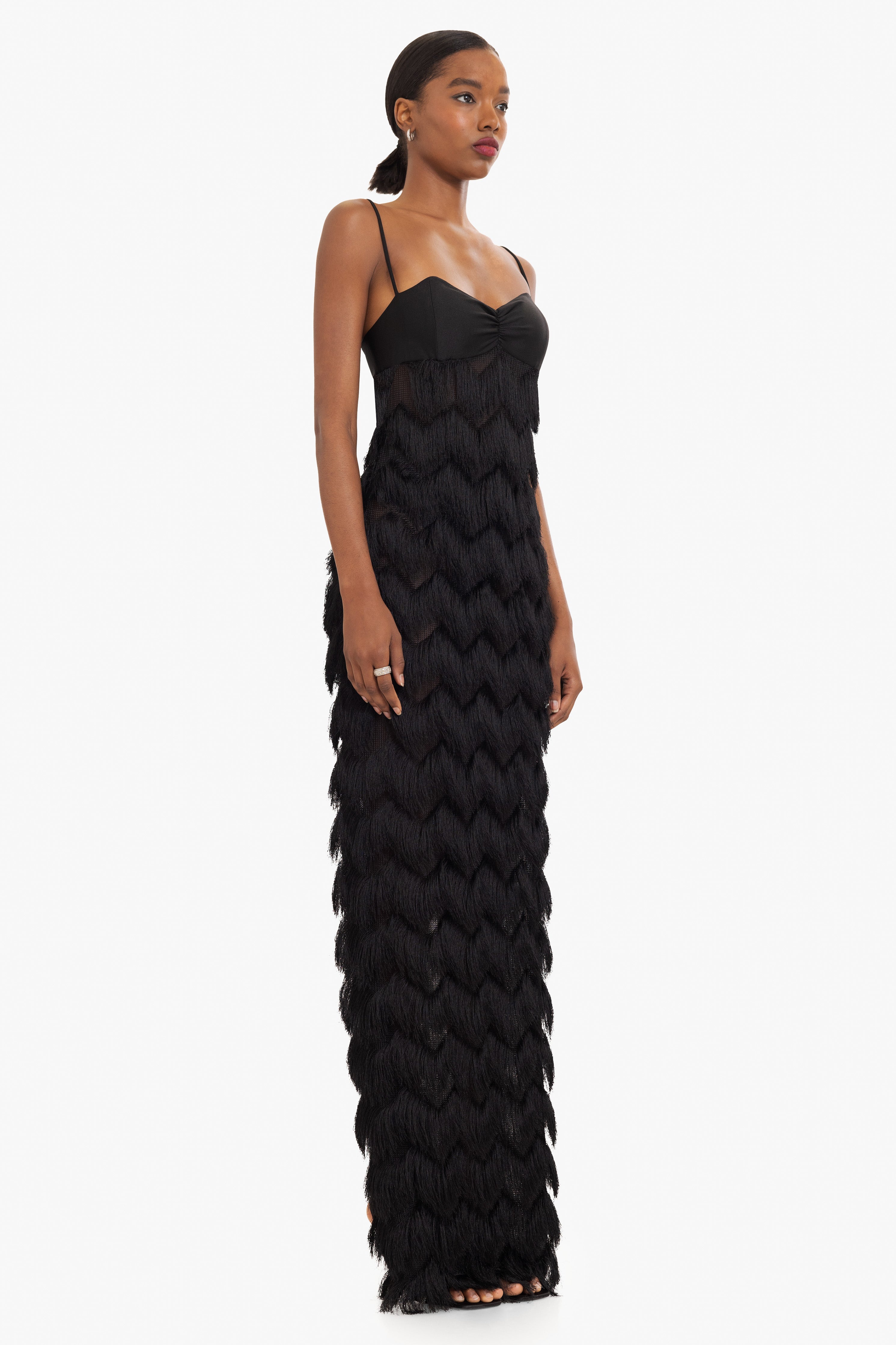 Berri Maxi Dress — Contrast Shiny Knit Bodice with Tiered Chevron Fringe Skirt