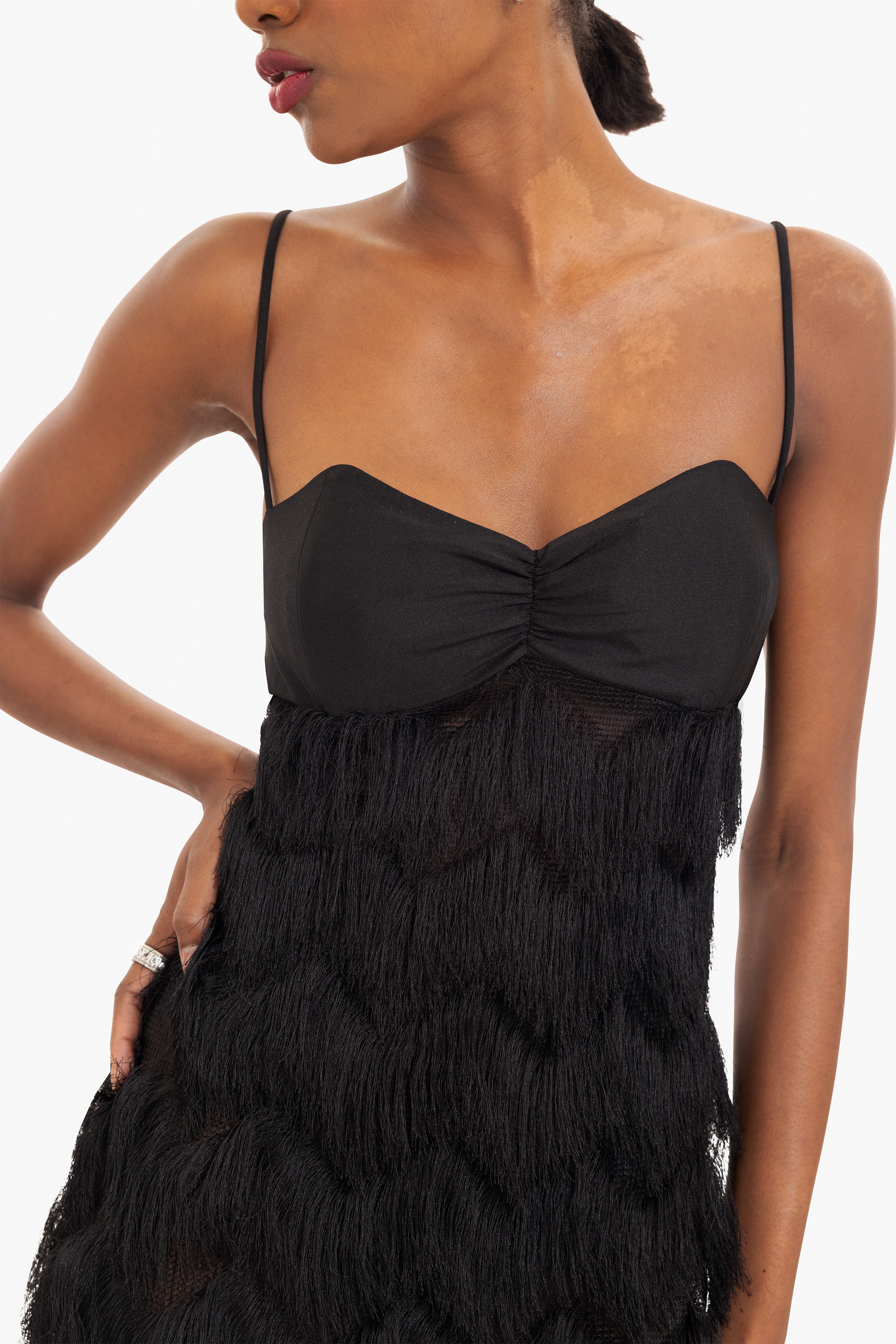 Berri Maxi Dress — Contrast Shiny Knit Bodice with Tiered Chevron Fringe Skirt