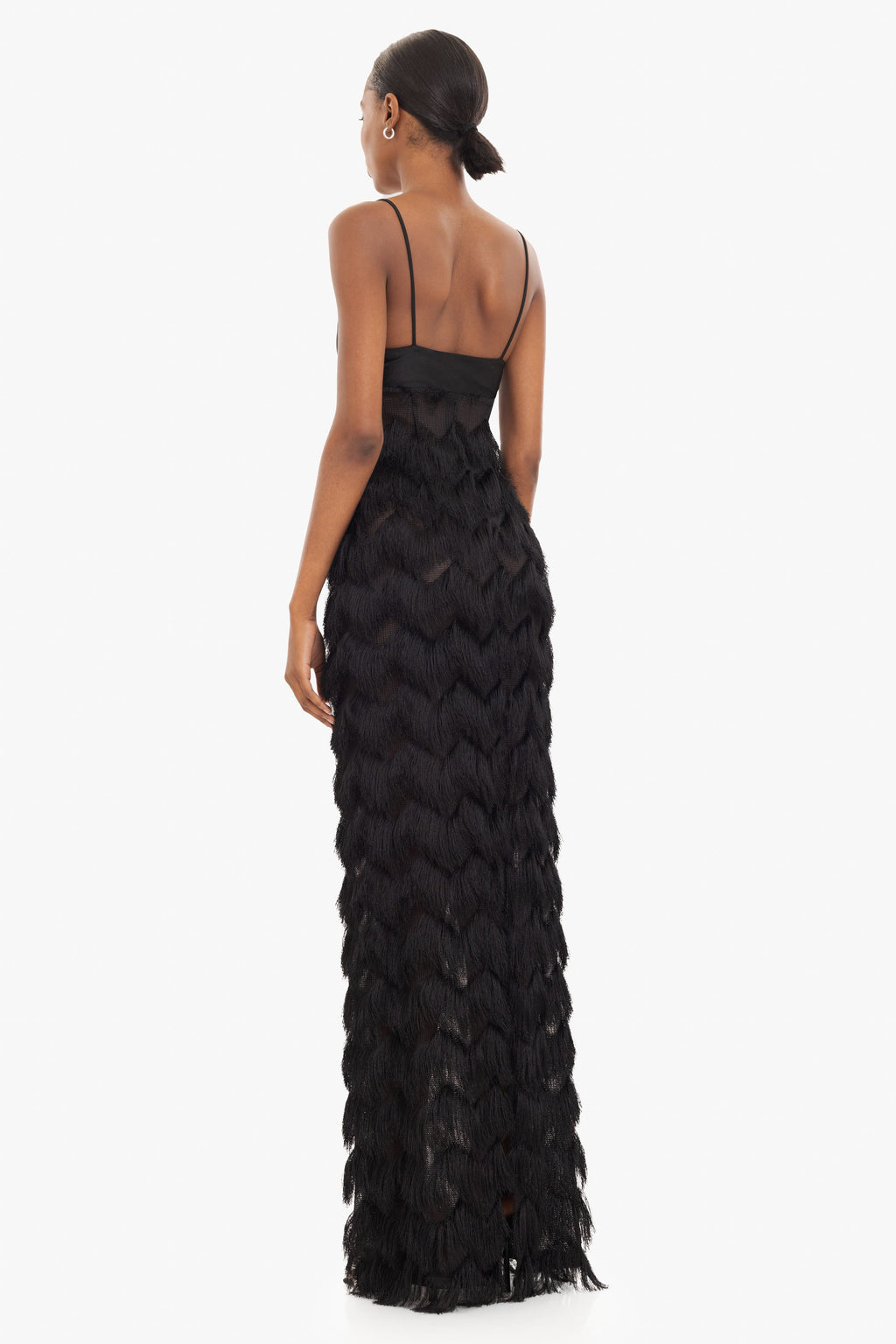 Berri Maxi Dress — Contrast Shiny Knit Bodice with Tiered Chevron Fringe Skirt