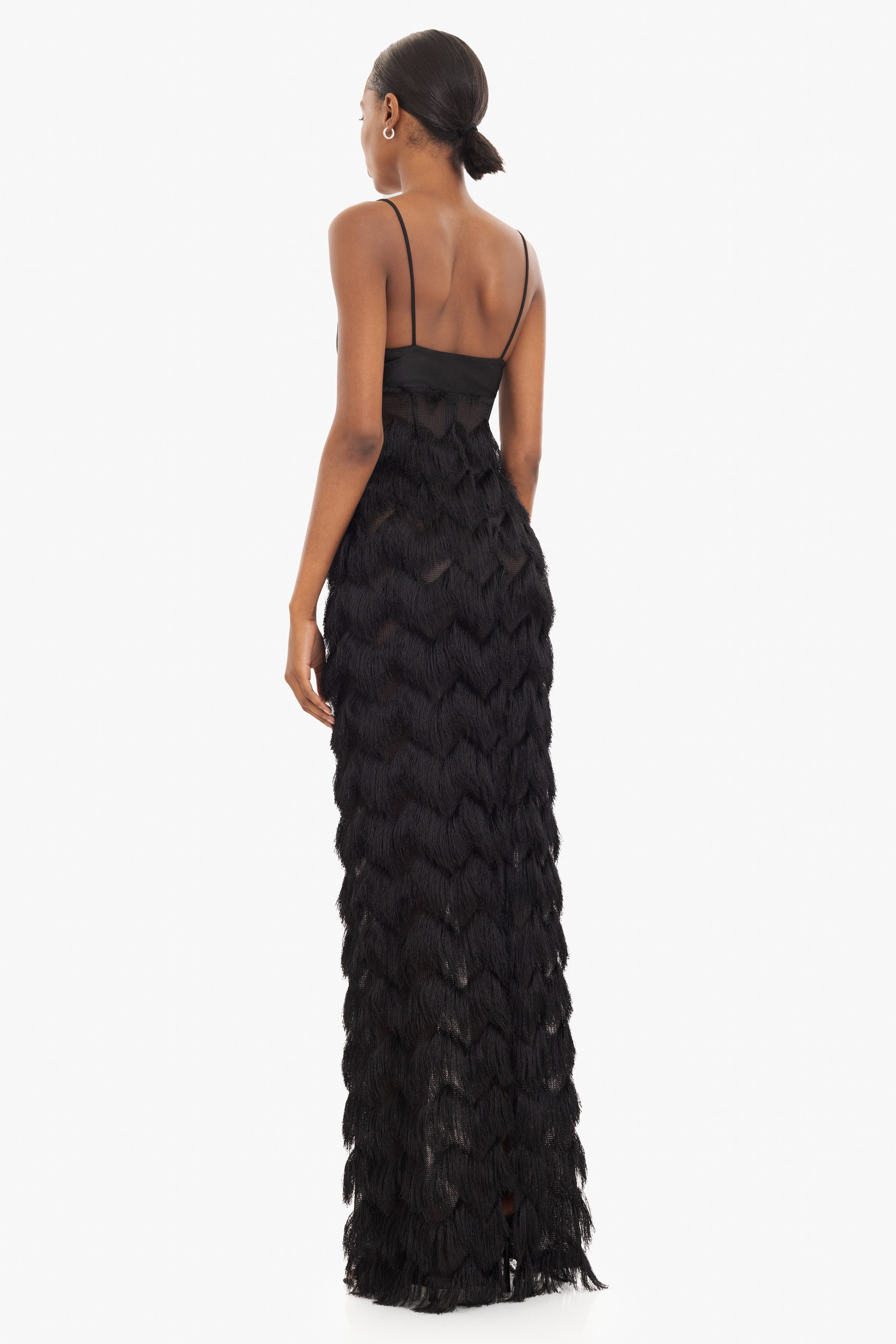 Berri Maxi Dress — Contrast Shiny Knit Bodice with Tiered Chevron Fringe Skirt