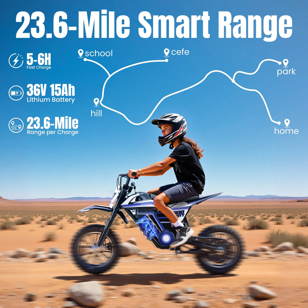QEASET electric dirt bike, 500W kids dirt bike for Boys Girls Age 8-14, Blue