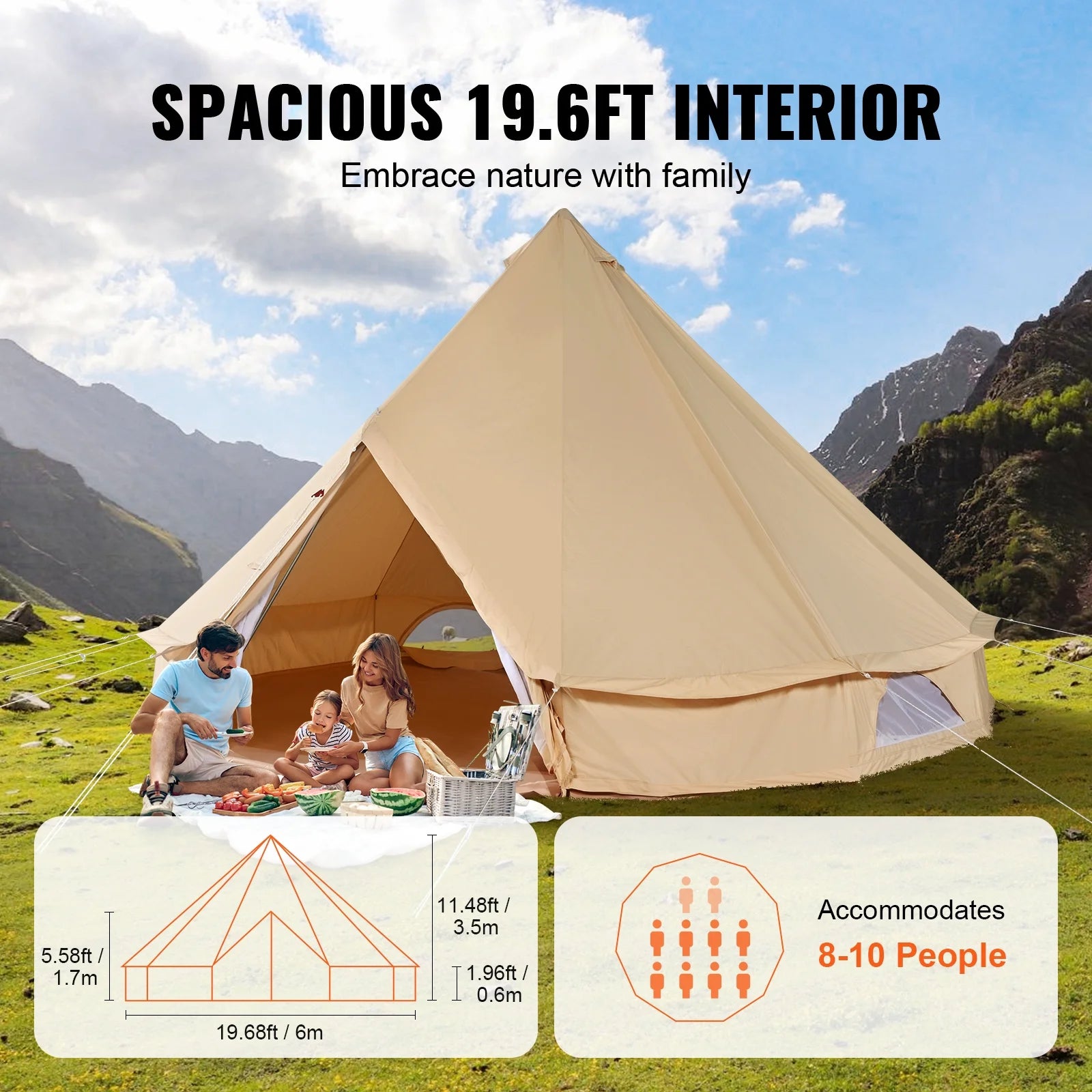 KFFKFF Canvas Bell Tent 6m/19.68ft 4-Season Camping Yurt Tent with Stove Jack