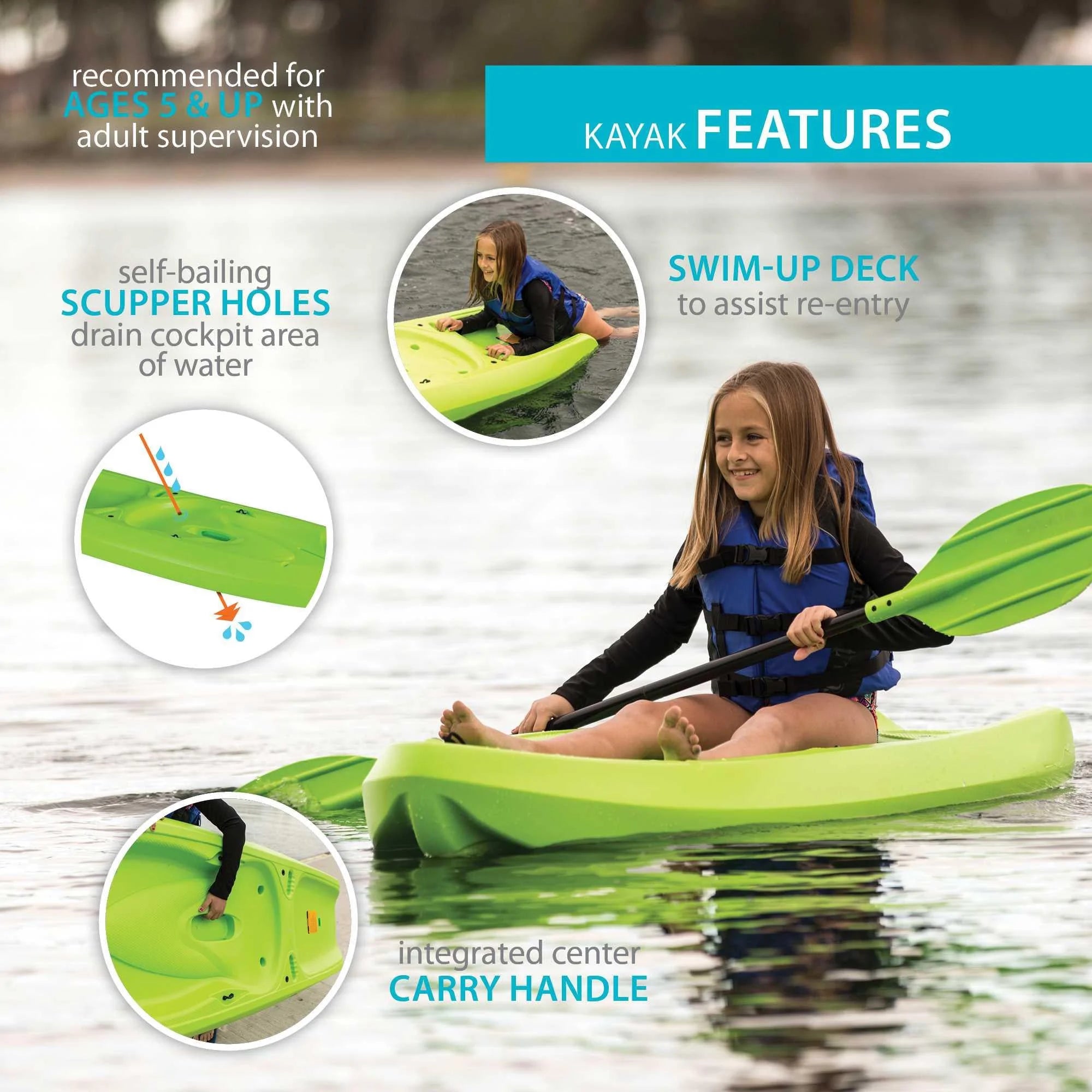 Lifetime Recruit 6.5 ft Youth Sit-on-Top Kayak, Lime Green (90765)