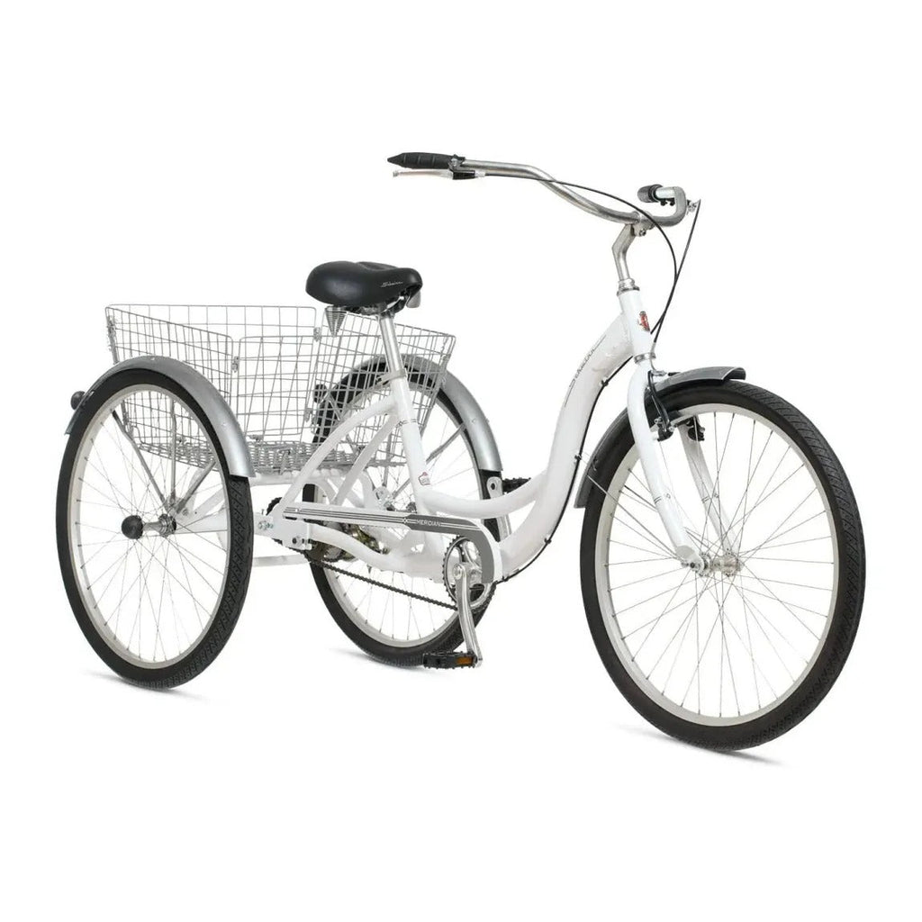 2025 Schwinn Meridian Adult Tricycle, Men's and Women's Beach Cruiser, 26-inch Wheels, Low Step-Through, Wide Saddle, Folding Rear Basket.