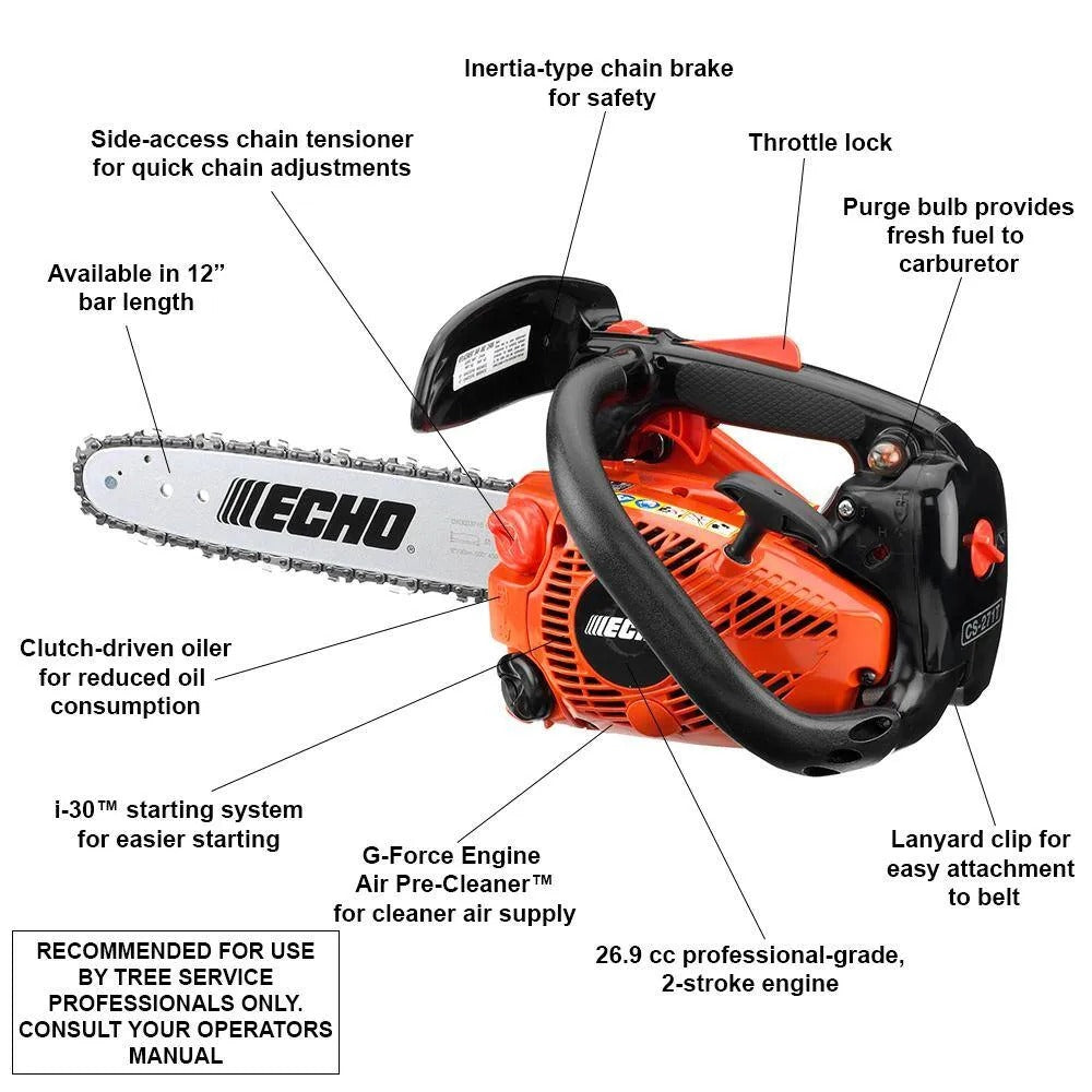 12-inch (30.5 cm) petrol two-stroke chainsaw with 26.9 cm³ displacement and top handle