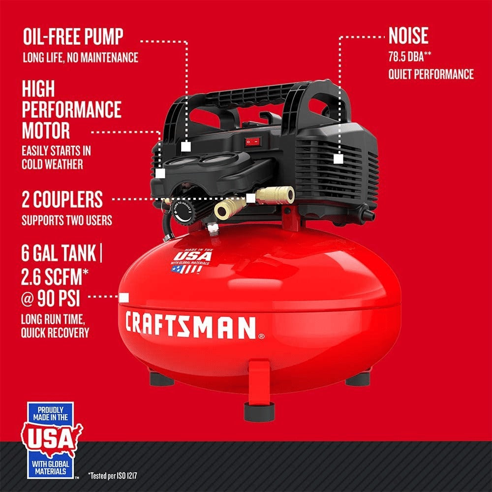 Craftsman 6-gallon pancake air compressor, oil-free, 150 PSI, portable with accessory kit