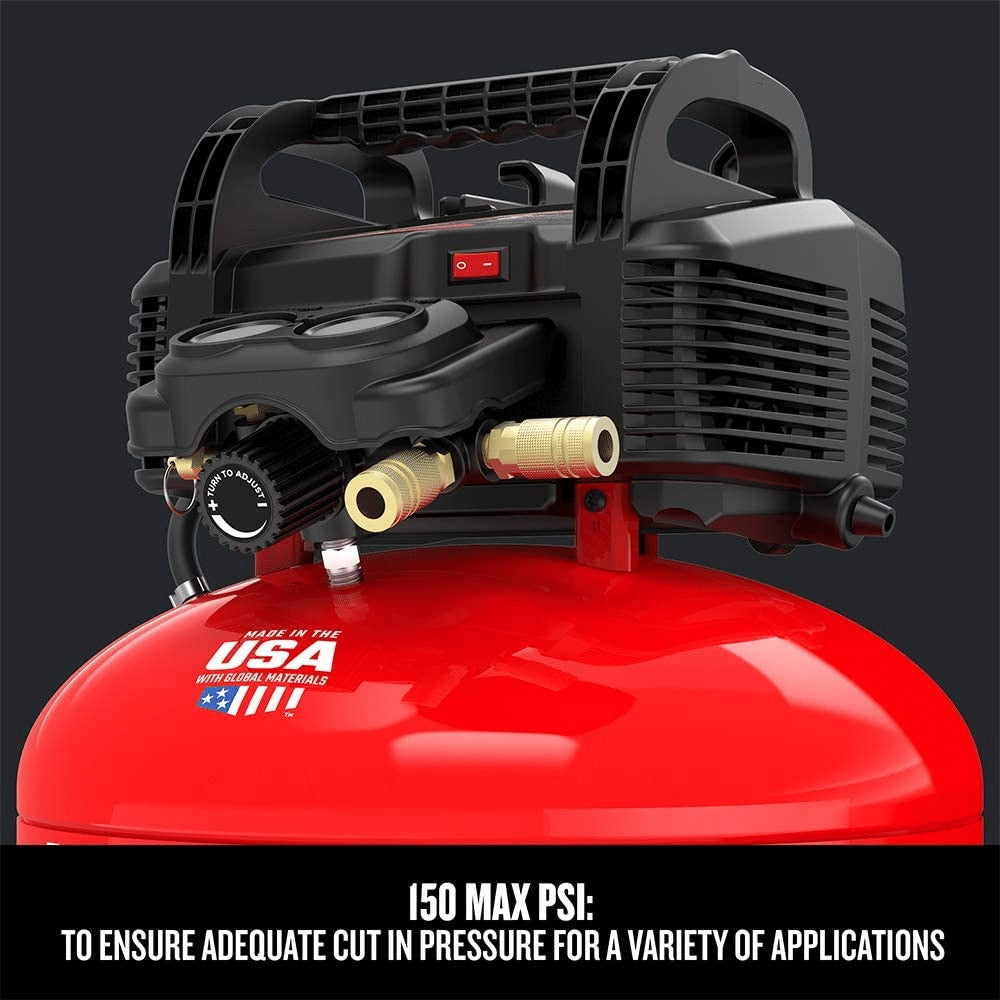 Craftsman 6-gallon pancake air compressor, oil-free, 150 PSI, portable with accessory kit