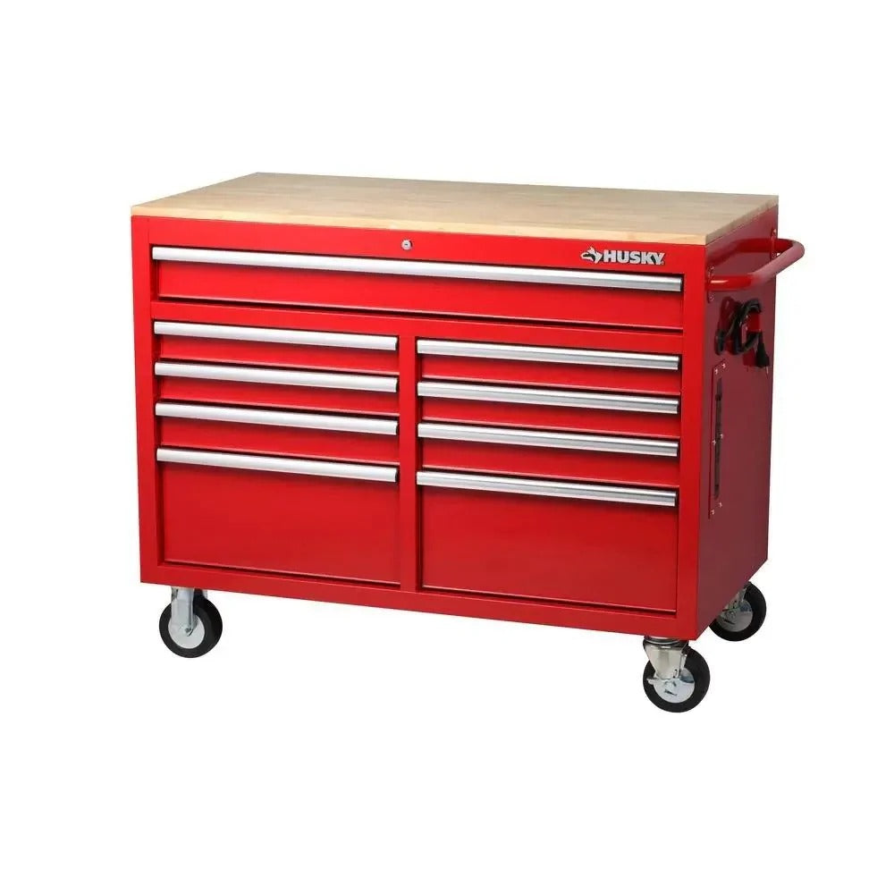 Mobile workbench with 9 drawers, hardwood top and power connection, 117 cm W x 62 cm D – high-gloss black