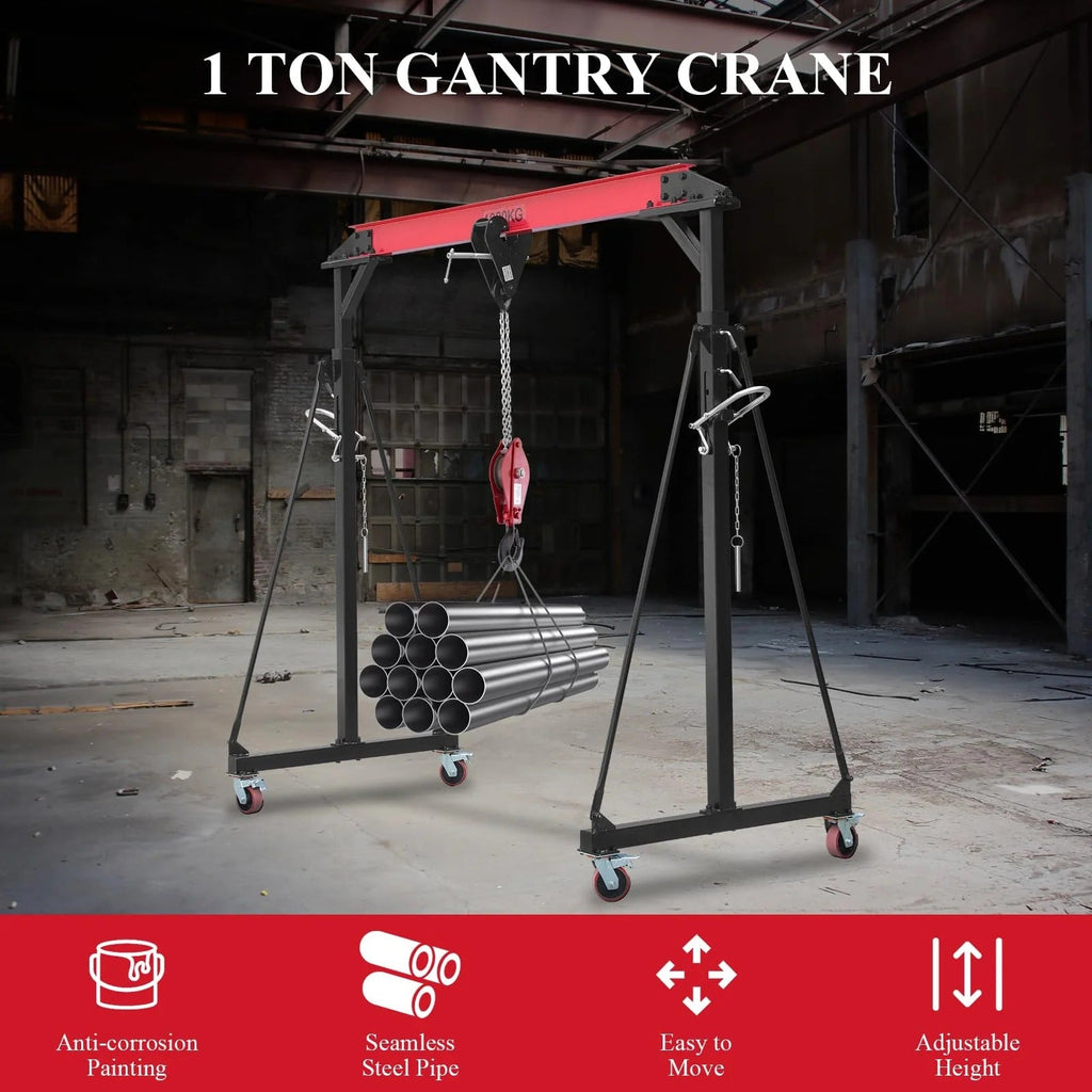 2025 1-ton gantry crane, adjustable, 2200 lbs lifting capacity, height adjustable 96.5"-143.7", portable hoist for factory, construction site, warehouse, auto repair shop