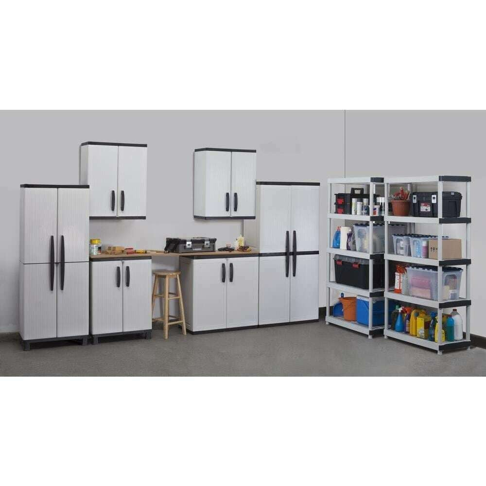 Freestanding garage cabinet made of grey plastic, model 2025, 89 cm W x 180 cm H x 46 cm D, with adjustable shelves and lockable doors.