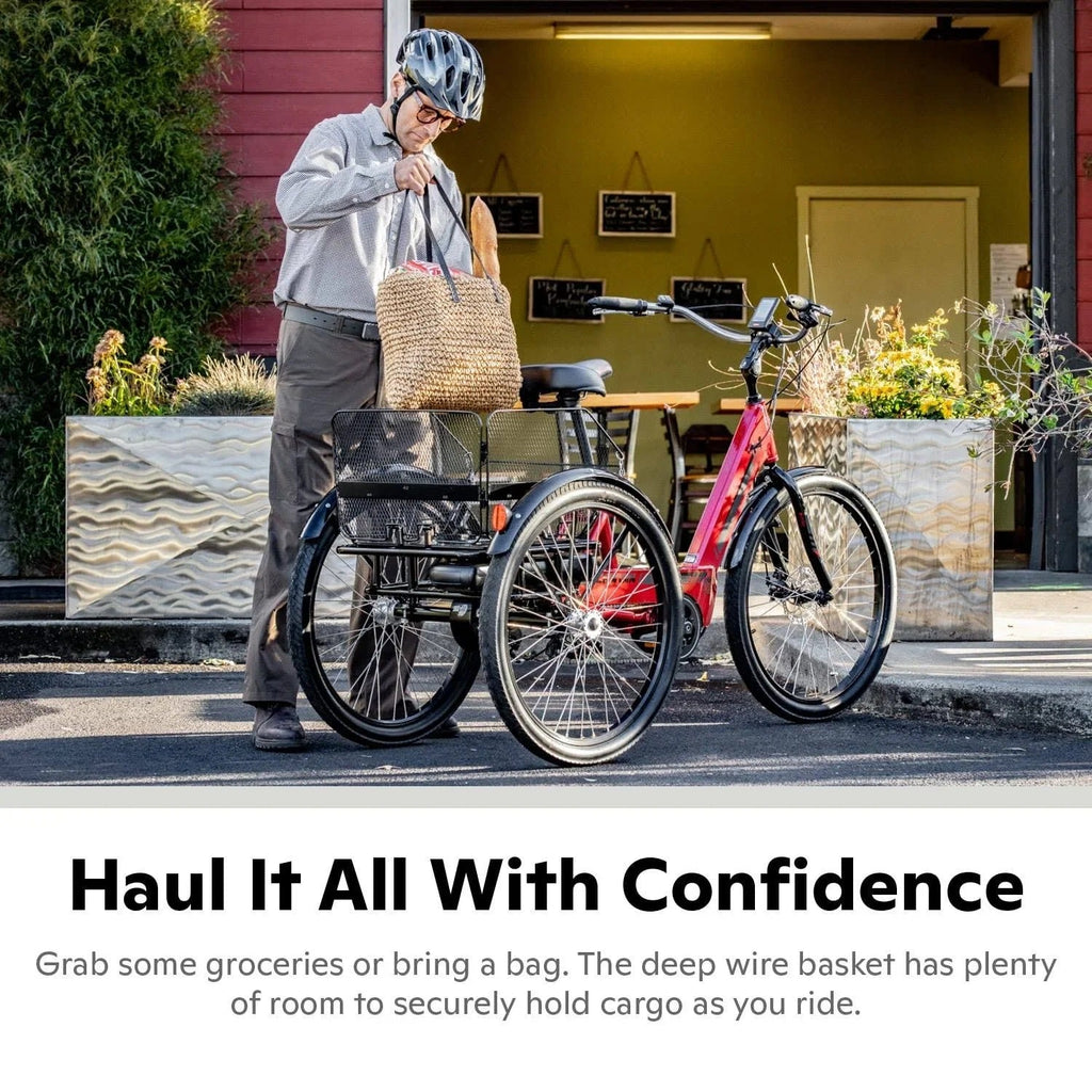 2025 Schwinn Meridian Adult Tricycle, Men's and Women's Beach Cruiser, 26-inch Wheels, Low Step-Through, Wide Saddle, Folding Rear Basket.