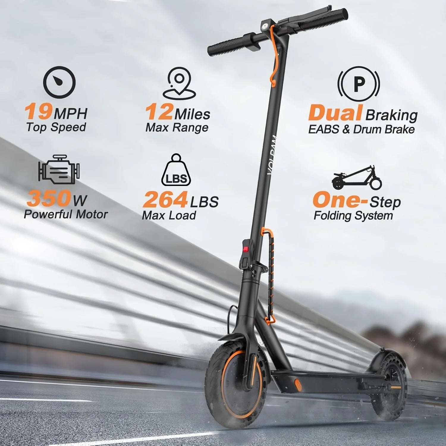 Electric scooter, 350W/500W powerful motor, 8.5"/10" solid rubber tires, 19/22 mph, 28/21/12 mile range, dual brakes