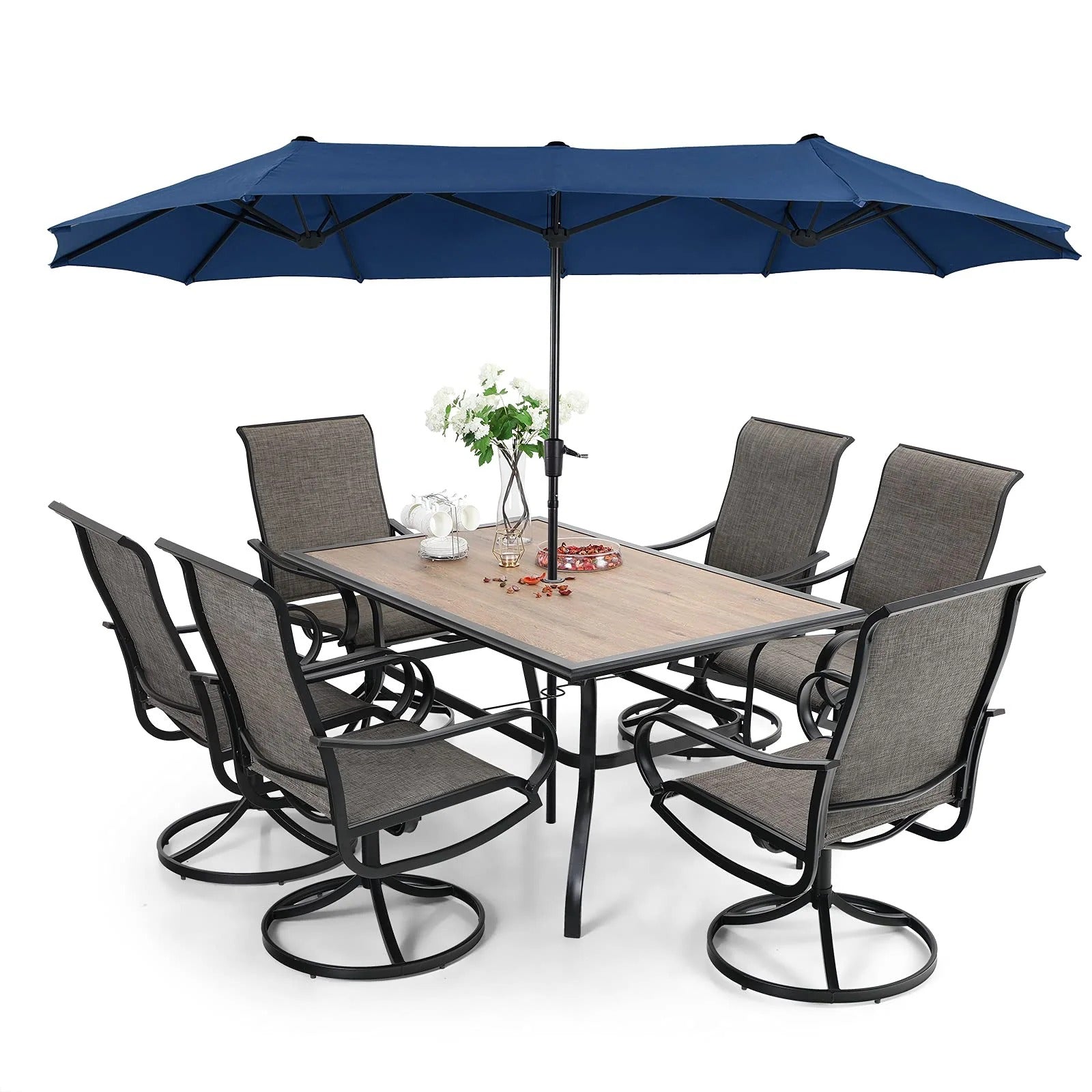 8-piece patio dining set with parasol, garden furniture set with 6 swivel dining chairs with mesh covers