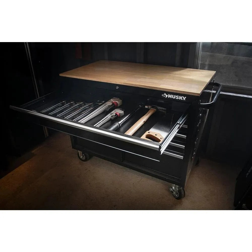 Mobile workbench with 9 drawers, hardwood top and power connection, 117 cm W x 62 cm D – high-gloss black