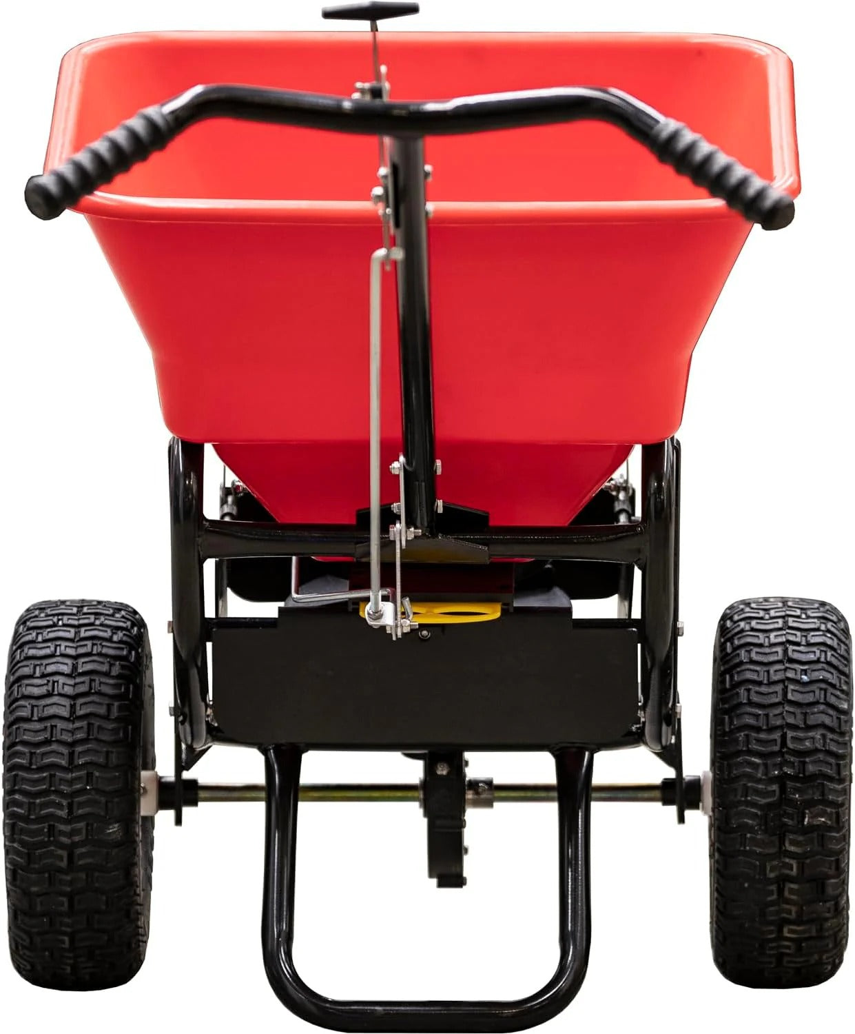 Multi-purpose push-along spreader, 100 lb capacity, versatile tool for lawn seed, salt, de-icer, fertilizer and seeds