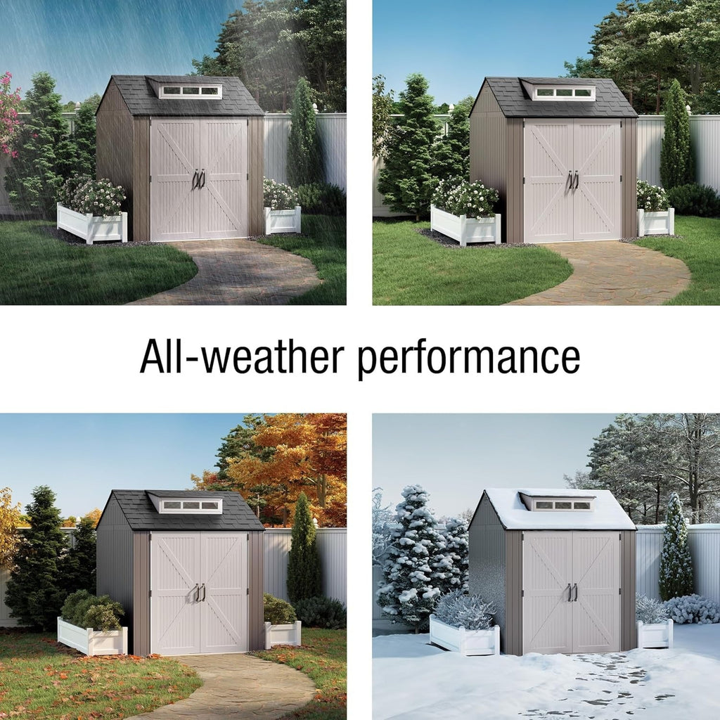 Rubbermaid resin garden shed with floor (2.13 x 2.13 m), weatherproof, grey, for storing garden tools, lawnmowers, bicycles and pool accessories
